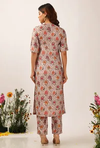 Set Of 3: Airi Floral Chintz Straight Kurta With Narrow Fit Pants & Mustard Organza Tasseled Dupatta image 3