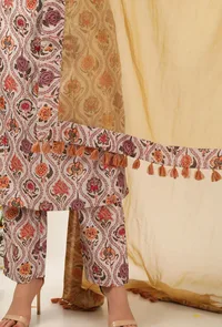 Set Of 3: Airi Floral Chintz Straight Kurta With Narrow Fit Pants & Mustard Organza Tasseled Dupatta image 6
