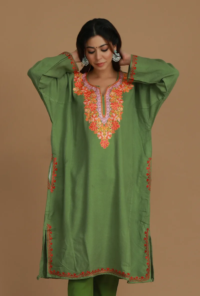 Olive Green Phiran with Multi-Tone Aari Embroidery- Free Size