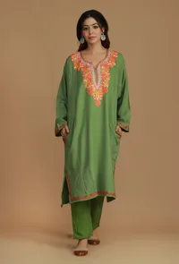 Olive Green Phiran with Multi-Tone Aari Embroidery- Free Size image 2