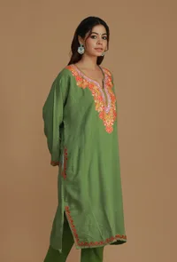 Olive Green Phiran with Multi-Tone Aari Embroidery- Free Size image 3