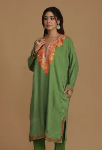 Olive Green Phiran with Multi-Tone Aari Embroidery- Free Size image 4