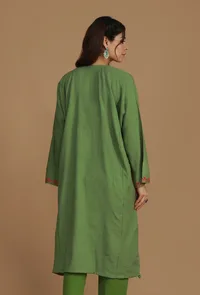 Olive Green Phiran with Multi-Tone Aari Embroidery- Free Size image 5