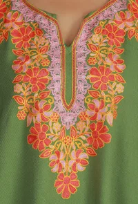 Olive Green Phiran with Multi-Tone Aari Embroidery- Free Size image 6