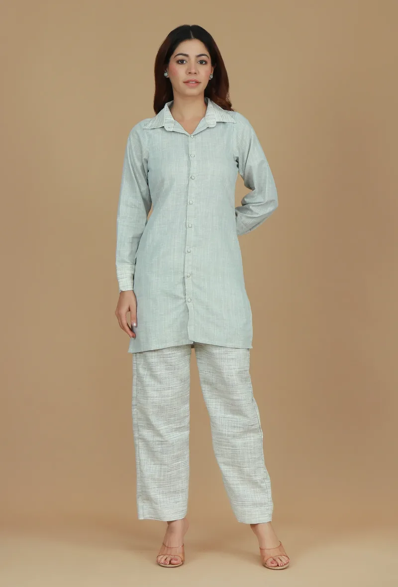 Set of 2 Light Grey Cotton Khadi Kurta with Matching Cotton Khadi Pants