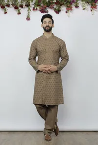 Set of 2: Mud Brown Cotton Block Print Kurta and Pyjama image 1