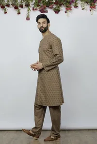 Set of 2: Mud Brown Cotton Block Print Kurta and Pyjama image 3