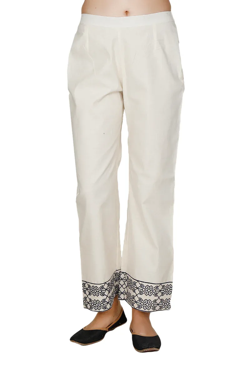 Ivory-Black Cotton Voile Cross Stitch Palazzo