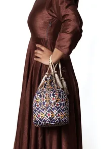 Idika Blue, White & Multi Silk Patola Print Potli With Tassels image 1