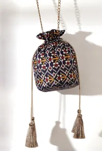 Idika Blue, White & Multi Silk Patola Print Potli With Tassels image 2