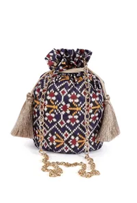 Idika Blue, White & Multi Silk Patola Print Potli With Tassels image 3