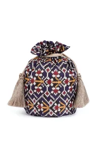 Idika Blue, White & Multi Silk Patola Print Potli With Tassels image 4