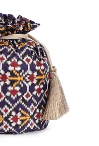 Idika Blue, White & Multi Silk Patola Print Potli With Tassels image 5