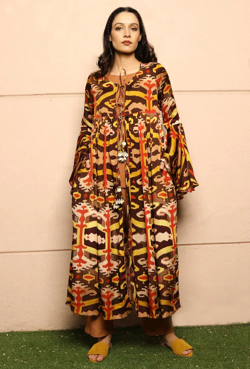 Mustard And Brown Uzbeki Ikat Printed Modal Silk Long Cape