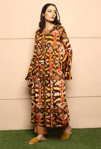 Mustard And Brown Uzbeki Ikat Printed Modal Silk Long Cape image 2