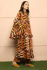 Mustard And Brown Uzbeki Ikat Printed Modal Silk Long Cape image 3