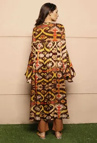 Mustard And Brown Uzbeki Ikat Printed Modal Silk Long Cape image 4