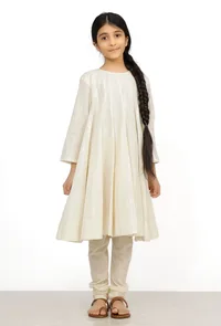 Set of 2: Sand White Cotton Anarkali Kurti with Flared Pants image 1