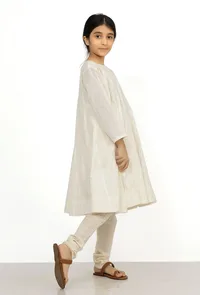 Set of 2: Sand White Cotton Anarkali Kurti with Flared Pants image 2