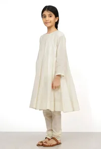 Set of 2: Sand White Cotton Anarkali Kurti with Flared Pants image 3