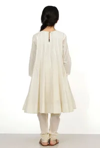 Set of 2: Sand White Cotton Anarkali Kurti with Flared Pants image 4