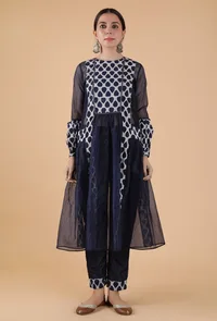 Tayanna Indigo Solid Blue Organza Gathered Kurta & Bustier Top image 1