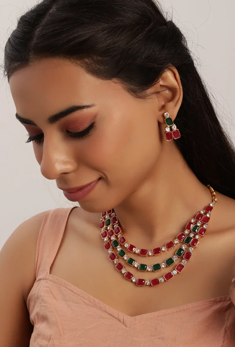 Three-Layer Sufi Style Jewellery Set In Alloy With Glass Stones