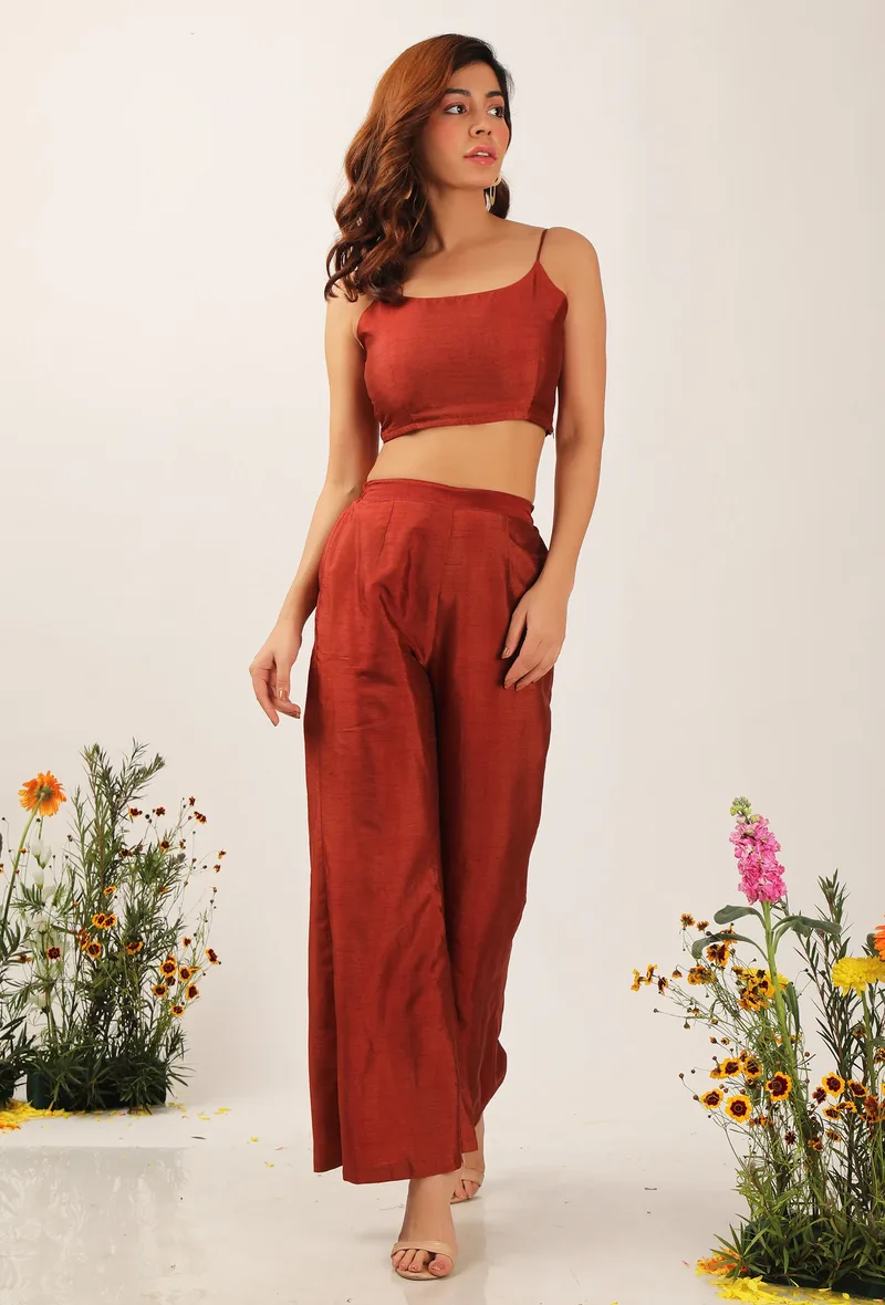 Set Of 2: Solid Rust Silk Blouse & Silk Pallazo Pants