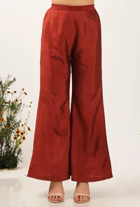 Set Of 2: Solid Rust Silk Blouse & Silk Pallazo Pants image 3