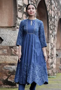 Bristi Indigo Floral Printed Kalidar Kurta Dress image 1