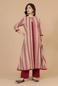 Beige Baagh Print Cotton A-Line Overlay Kurta with Mirror Lace image 1