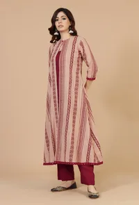 Beige Baagh Print Cotton A-Line Overlay Kurta with Mirror Lace image 2