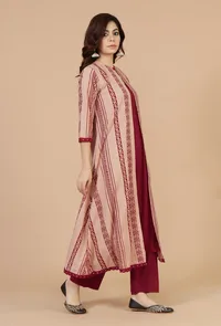 Beige Baagh Print Cotton A-Line Overlay Kurta with Mirror Lace image 3
