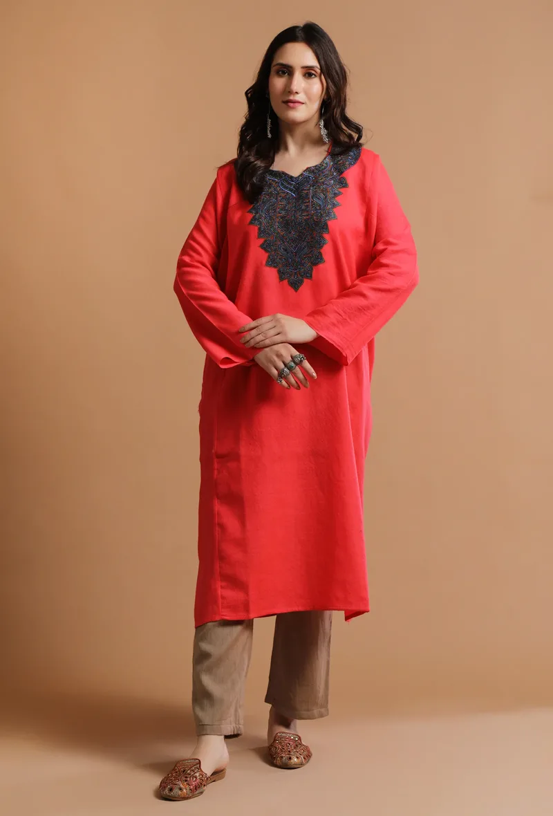 Persian Red Kashmiri Sozni Embroidery Phiran-Free Size