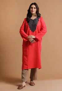 Persian Red Kashmiri Sozni Embroidery Phiran-Free Size image 1