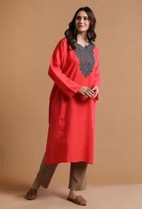 Persian Red Kashmiri Sozni Embroidery Phiran-Free Size image 2