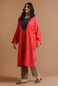 Persian Red Kashmiri Sozni Embroidery Phiran-Free Size image 3