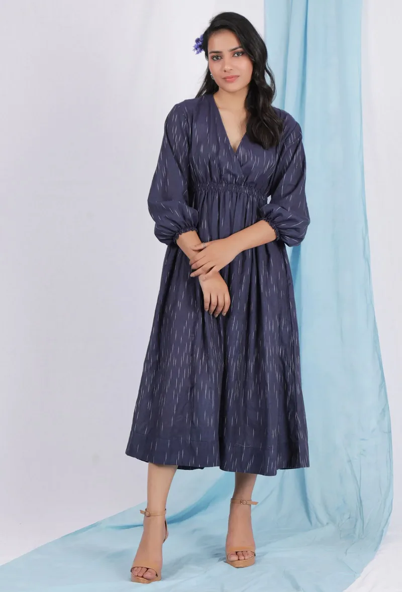 Spruce blue color ikkat overlapped dress