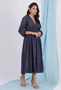 Spruce blue color ikkat overlapped dress image 2