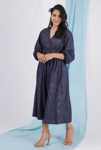 Spruce blue color ikkat overlapped dress image 3