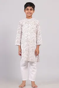 Set of 2: Brown Floral Hand Block Print Kurta Pyjama Set image 1