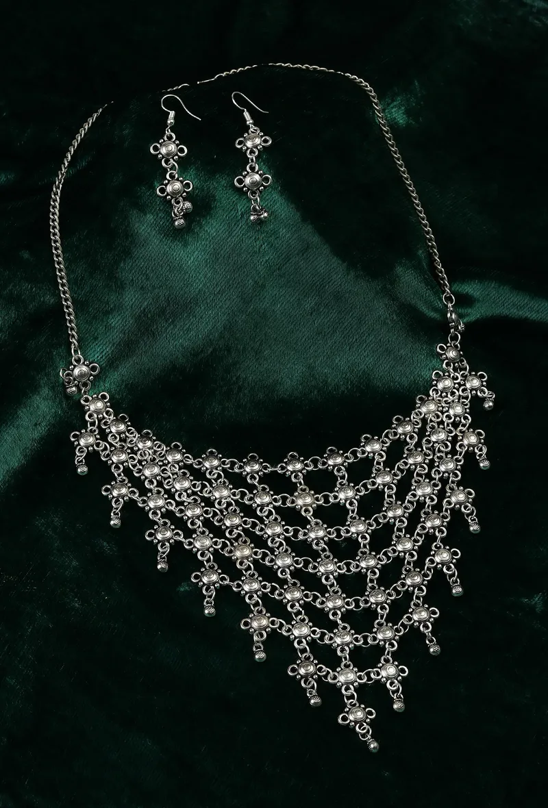 Rajwada Jaali Antique Oxidized Silver Necklace Set