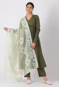 Set Of 3-Olive Green Cotton Kurta With Cotton Churidaar Pants With Chickoo Net Dupatta image 1
