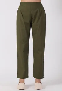 Set Of 3-Olive Green Cotton Kurta With Cotton Churidaar Pants With Chickoo Net Dupatta image 4