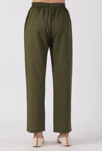 Set Of 3-Olive Green Cotton Kurta With Cotton Churidaar Pants With Chickoo Net Dupatta image 5