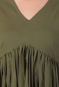 Set Of 3-Olive Green Cotton Kurta With Cotton Churidaar Pants With Chickoo Net Dupatta image 6