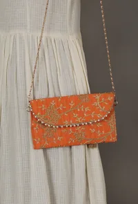 Vivid Orange Zari Embroidered Silk Envelope Clutch image 2