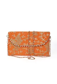 Vivid Orange Zari Embroidered Silk Envelope Clutch image 3