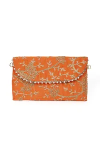 Vivid Orange Zari Embroidered Silk Envelope Clutch image 4