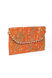 Vivid Orange Zari Embroidered Silk Envelope Clutch image 5